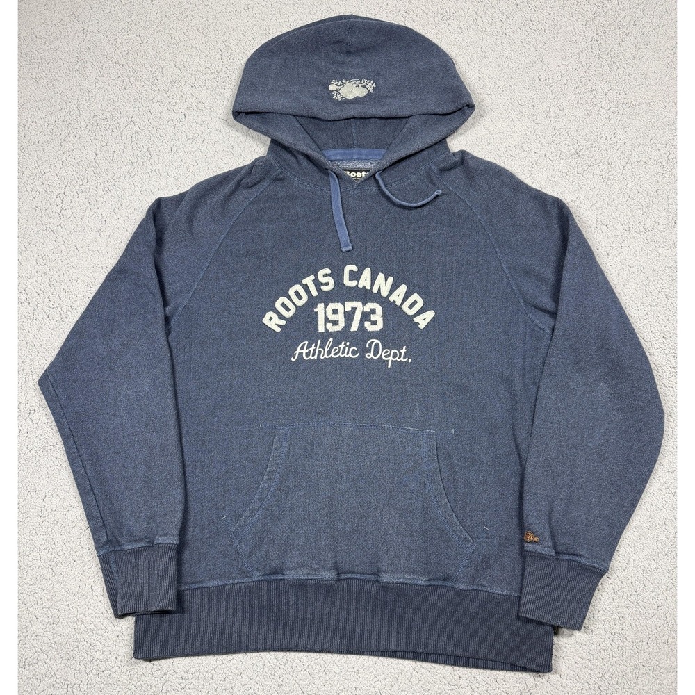 Roots Hoodie Mens XL Blue Fleece Pullover Kangaroo Pocket Canada 1973 Graphic